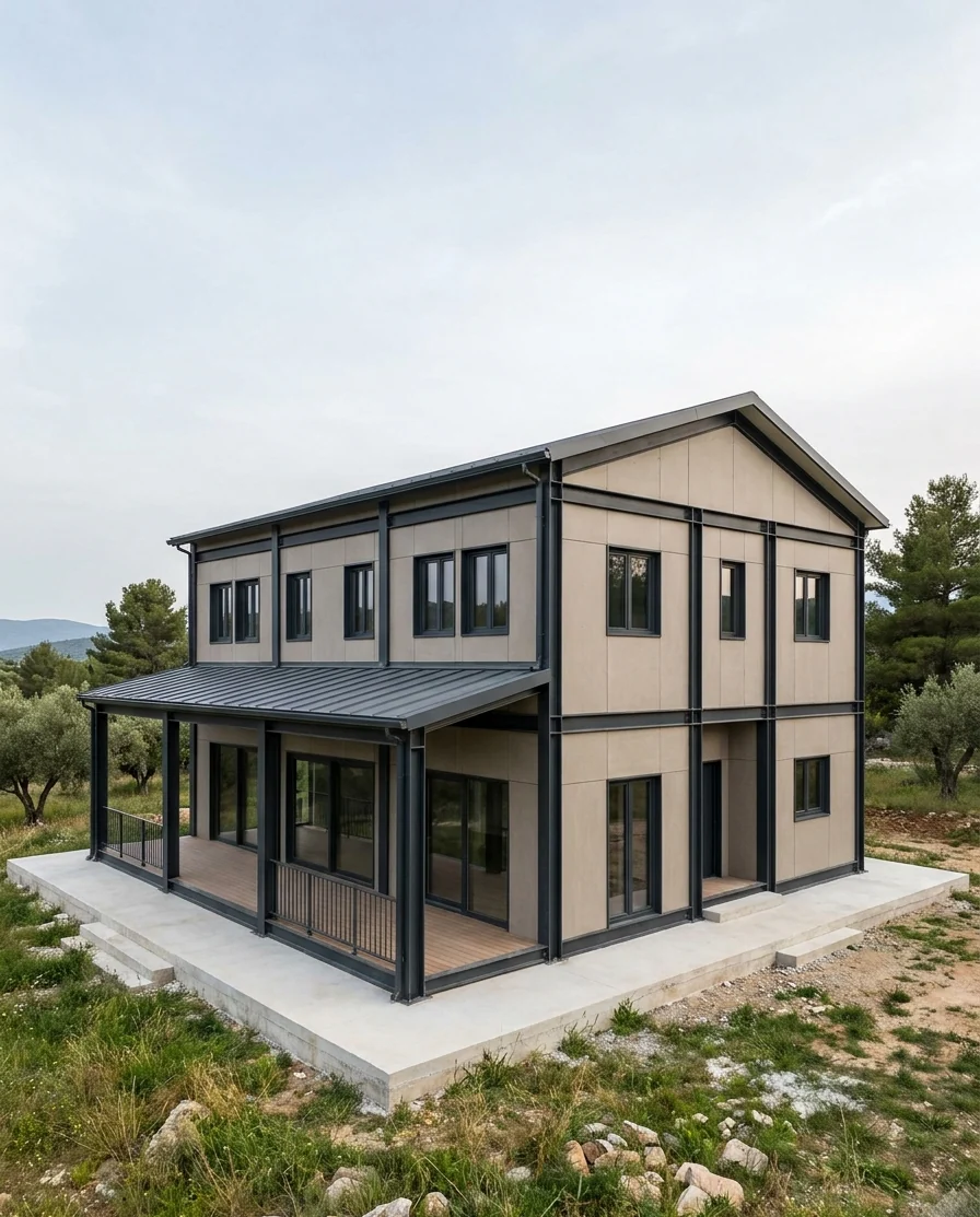 Çelik ev — iki katlı, çelik karkas iskeletli, verandalı yapı