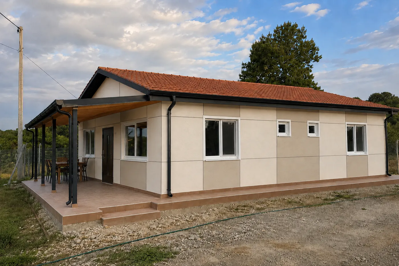 Çelik ev — tek katlı, kiremit çatılı, verandalı bahçe evi